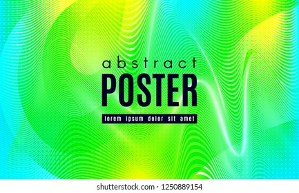 Wave Poster with Fluid Shapes. Gradient Abstract Background with Movement of Wave Liquid Forms. Linear Geometric Brochure in Yellow, Turquoise and Green Colors. Fresh Neon Concept with Abstract Waves.