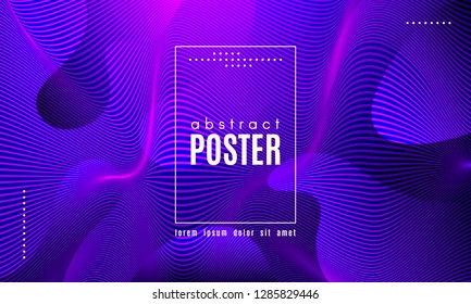 Wave Poster With Fluid Shapes. Gradient Abstract Background With Movement Of Wave Liquid Forms. Linear Geometric Brochure In Trendy Ultraviolet Color. Purple Neon Concept With Abstract Waves.