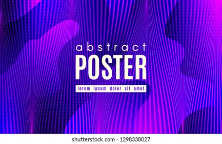 Wave Poster with Fluid Shapes. Gradient Abstract Background with Movement of Wave Liquid Forms. Linear Geometric Brochure in Trendy Ultraviolet Color. Purple Neon Concept with Abstract Waves.