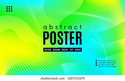 Wave Poster with Fluid Shapes. Gradient Abstract Background with Movement of Wave Liquid Forms. Linear Geometric Brochure in Yellow, Turquoise and Green Colors. Fresh Neon Concept with Abstract Waves.