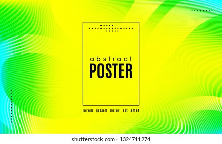 Wave Poster with Fluid Shapes. Gradient Abstract Background with Movement of Wave Liquid Forms. Linear Geometric Brochure in Yellow, Turquoise and Green Colors. Fresh Neon Concept with Abstract Waves.
