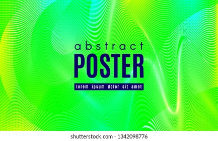 Wave Poster with Fluid Shapes. Gradient Abstract Background with Movement of Wave Liquid Forms. Linear Geometric Brochure in Yellow, Turquoise and Green Colors. Fresh Neon Concept with Abstract Waves.