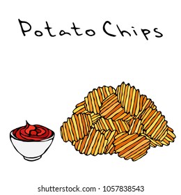 Wave Potato Chips and Bowl of Red Tomato Ketchup Fried Potato. Figure Knife Cuts of Potato Vegetable. Fast Food or Street Food Cuisine. Realistic Hand Drawn Illustration. Savoyar Doodle Style.