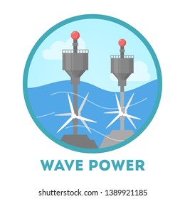 Wave power concept. Alternative energy for the environment safety and ecology care. Electricity generation from the water. Vector illustration in cartoon style
