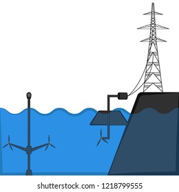 Wave power plant connected to an electrical tower. Vector illustration design