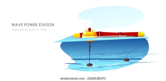 Wave power station. Alternative ecological electricity production. Ocean and sea renewable clean resource. Modern technology. Water flow, electric generation. Vector illustration