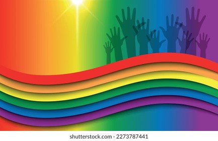 Wave rainbow LGBT spectrum flag background with hand group with raised arms. Paper cut design. Waves of rainbow colors web banner template. Pride Month vector 3D illustration