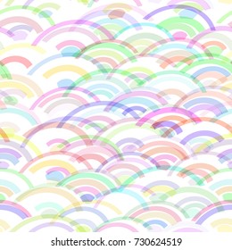 wave rainbow seamless pattern abstract scales simple Nature background japanese circle purple pink yellow blue green pastel colors. Can be used for fabrics, wallpapers, websites. Vector