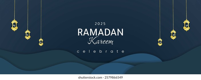 Wave ramadan kareem islamic banner design with arabic lantern and dark blue gradient