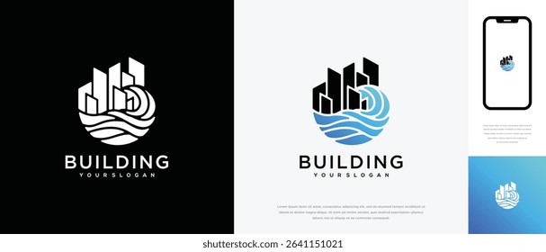 Wave real estate building logo design. Natural wave house logo icon	