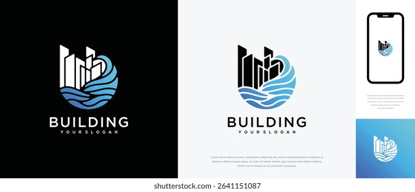 Wave real estate building logo design. Natural wave house logo icon	