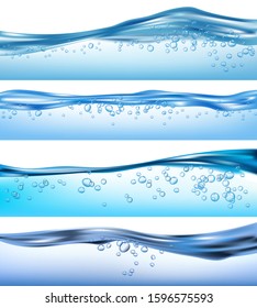 Wave realistic. Nature ocean water splashes liquid flowing bubbles drinks vector waves set