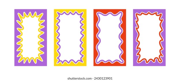 Wave rectangle frame. Doodle scalloped edge border with wavy pattern. Graphic design. Cute curved frame box. Geometric abstract background. Hand drawn vector illustration isolated on white background.