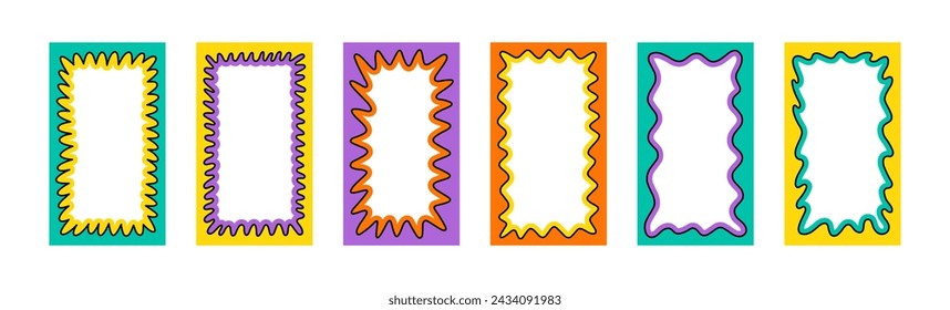 Wave rectangle frame. Doodle scalloped edge border with wavy pattern. Graphic design. Cute curved frame box. Geometric abstract background. Hand drawn vector illustration isolated on white background.