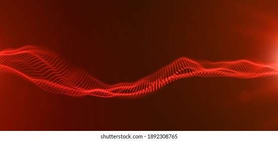 Wave of red particles. Abstract technology flow background. Sound mesh pattern or grid landscape. Digital data structure consist dot elements. Future vector illustration.