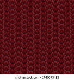 Patrón rojo ondulado. Patrón marino sin mar, fondo asiático abstracto. Impresión de peces con círculo