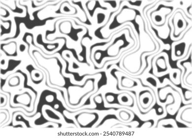 Wave relief texture with black halftone circles on a white background. Abstract design of a topographic contour map. It showcases a pattern with retro-dotted terrain wavy lines. Vector illustration