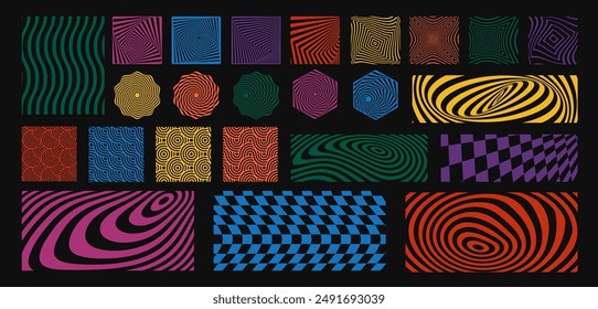 Wave retro distort. Wavy line pattern. Hypnotic twirls. Abstract swirls. 3D motion. Psychedelic texture. Sphere and hexagon striped shapes. Dynamic fluid background. Vector illusion icons tidy set