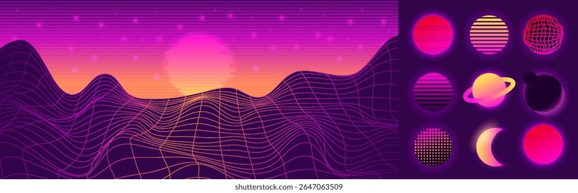 Wave retro. Neon mountain. Synth sun. Planet surface. Moon circles. Wireframe landscape in 80s style. Grid structure. Laser sunset. Glitch effect. Sci-fi space. Vector garish futuristic background