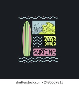 Wave Ride Surfing summer beach typography surf board graphic design