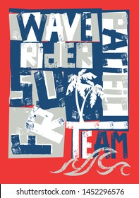 Wave rider pacific surf team grunge abstract vector print for boy summer shirt