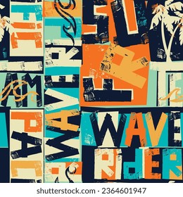 Wave rider pacific surfing team tape lettering wallpaper grunge abstract vector seamless pattern