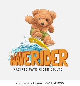 wave rider slogan with bear doll surfing vector illustration