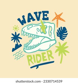 Viajero ondulado. Dinosaurio surfista. Esqueleto de dinosaurio, tabla de surf, huella vectorial de palmera. Diseño de camisetas divertidas para niños. Diseño de personajes de dinosaurio.