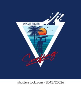 Wave Rider Surfing California stylish t-shirt and apparel trendy design with palm trees silhouettes, typography, print, vector illustration. Global swatches