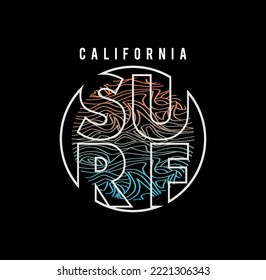 Wave Rider Surfing California stylish t-shirt and apparel trendy design with palm trees silhouettes, typography, print, vector illustration. Global swatches