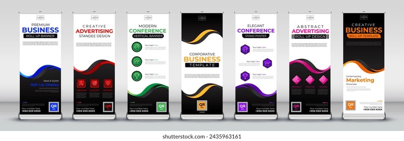 wave roll up banner collection for events, annual meetings, presentations, marketing, promotions and brochure, covers in blue, red, green, yellow, purple, pink and orange print ready colors 