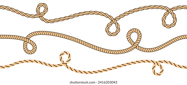 Wave rope curve set. Repeating hemp cord stripes collection. Wavy loop tie braid bundle. Seamless brown plait pattern. Vector marine twine design elements for banner, poster, frame, border