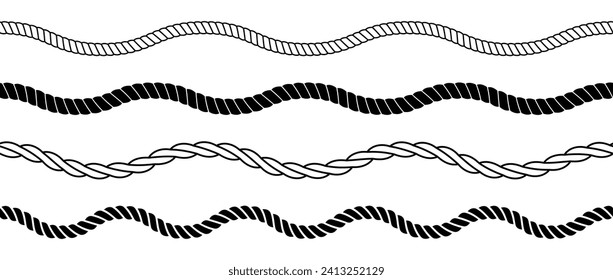 Wave rope set. Repeating hemp cord line collection. Waving chain, braid, plait stripe bundle. Seamless decorative plait pattern. Vector marine twine design elements for banner, poster, frame