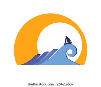 Wave with sailing ship and sun. Vector illustration.