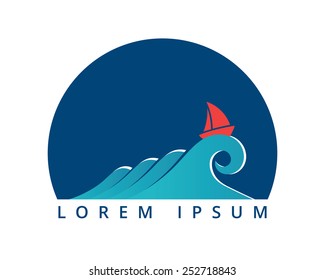  Wave with sailing ship. Vector icon.