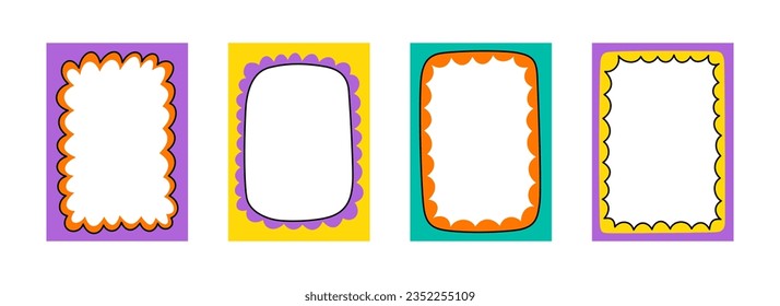 Wave scalloped edge frame. Doodle border with wavy pattern. Trendy graphic template. Cute curved frame box. Geometric abstract background. Hand drawn vector illustration isolated on white background.