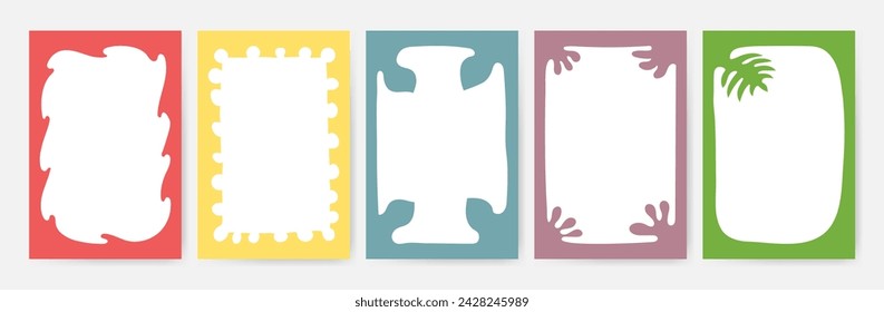 Wave scalloped edge Frame in Doodle style. Hand drawn border template with abstract flower, tropical leaves and circle pattern. Cute curved textbox isolated on white background for social media info.