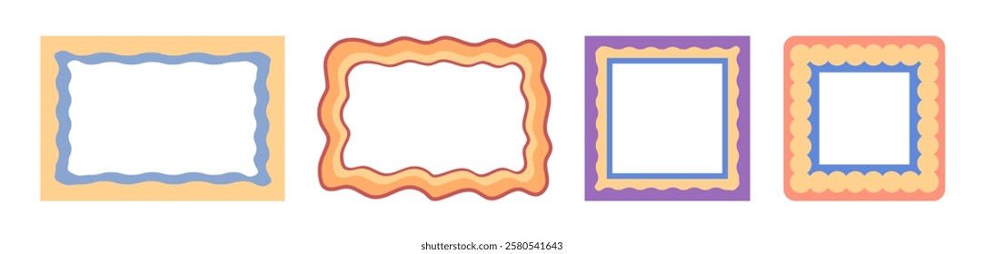 Wave scalloped edge frames. Vector isolated wavy doodle borders with copy space, empty posters or banners. Social media templates, funky or hippie colored geometric shapes with curvy lines