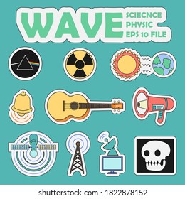 wave , science physic education. the artwork have graph of wave and illustation of wave,the picture have guitar, skull,  ray, light, rainbow, ring bell, sound. the art of physic science education. 