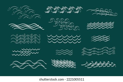 Wave sea, aqua flow line doodle set. Vector hand drawn sketch doodle outline illustration .