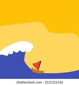 Wave, sea, and boat in poster design. Landscape background in banner style. Geometric template with wavy shape. Abstract vector art.