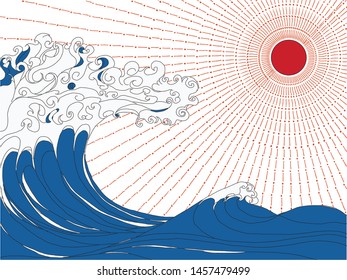 wave sea japanese style in sunshine rays.