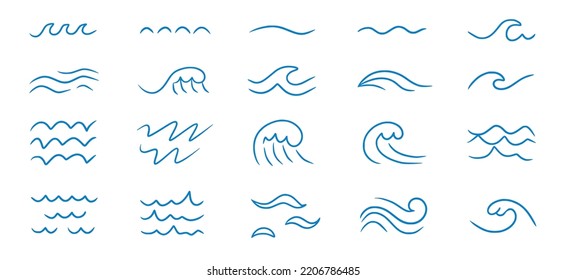 Juego de iconos del doodle de la línea de mar ondulada. Esbozo dibujado a mano contorno de onda de agua. Curva simple, flujo acuático garabato. Ilustración vectorial aislada.