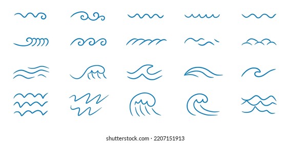 Wave sea line doodle icon set. Hand drawn sketch water wave outline. Simple curve, scribble aqua flow. Isolated vector illustration.