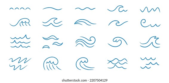 Wave sea line doodle icon set. Hand drawn sketch water wave outline. Simple curve, scribble aqua flow. Isolated vector illustration.