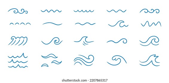 Juego de iconos del doodle de la línea de mar ondulada. Esbozo dibujado a mano contorno de onda de agua. Curva simple, flujo acuático garabato. Ilustración vectorial aislada.