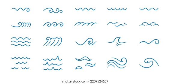 Wave sea line doodle icon set. Hand drawn sketch water wave outline. Simple curve, scribble aqua flow. Isolated vector illustration.