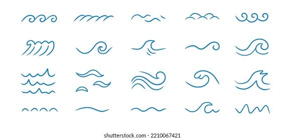 Wave sea line doodle icon set. Hand drawn sketch water wave outline. Simple curve, scribble aqua flow. Isolated vector illustration.