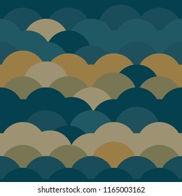 wave of the sea seamless pattern abstract scales simple Nature background japanese circle khaki gray beige olive green white colors. Vector