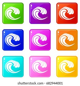 Wave of sea tide icons of 9 color set isolated vector illustration